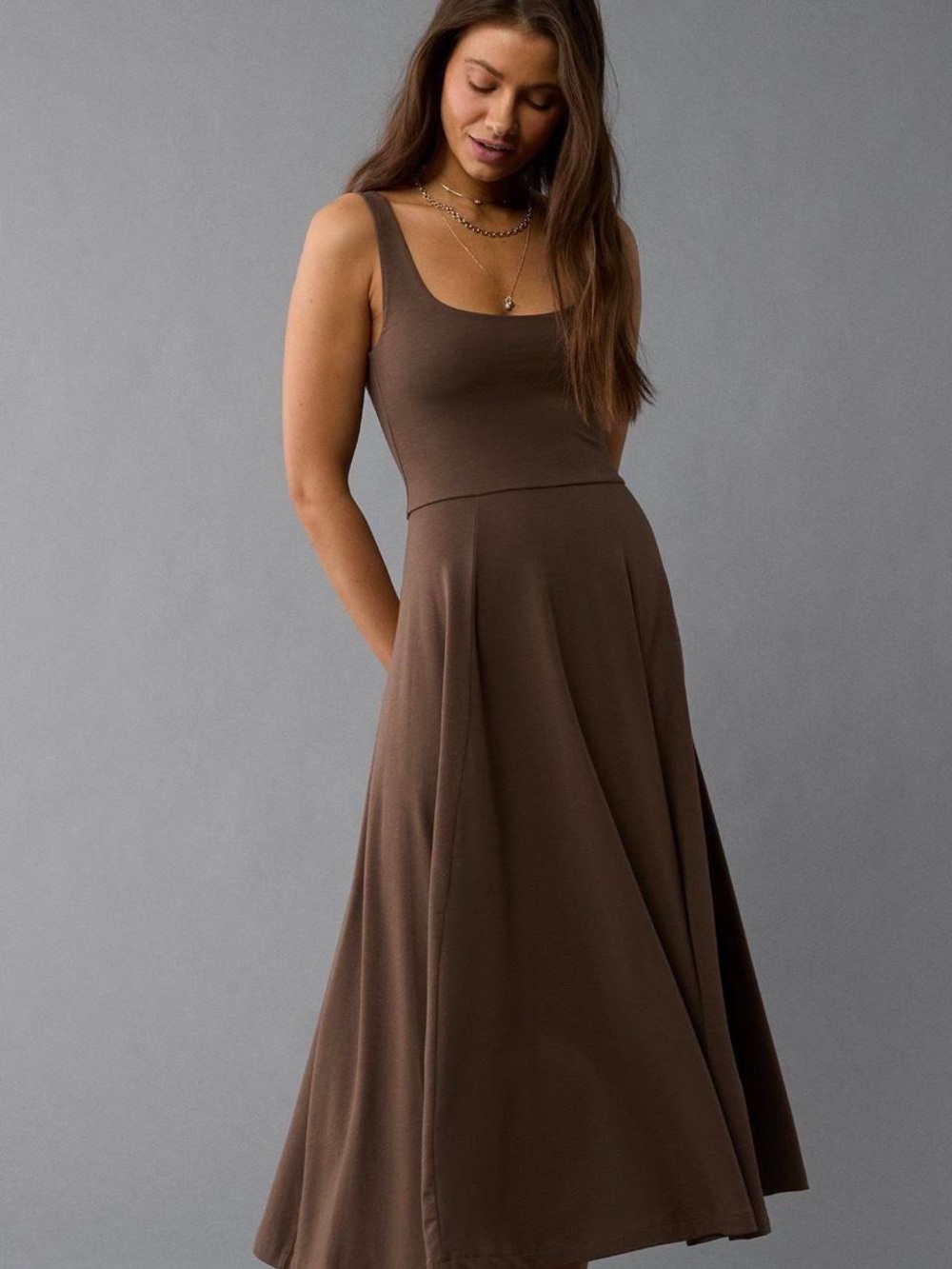 American Eagle Outfitters Brown Scoop Neck Maxi Dress
